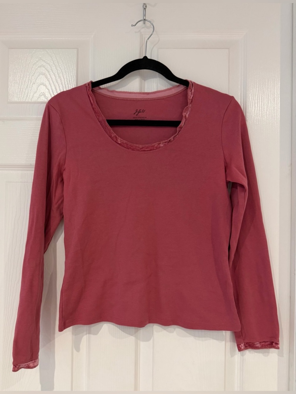 Pink J Jill Velvet Trimmed Tee Size S 100% Cotton Long Sleeve